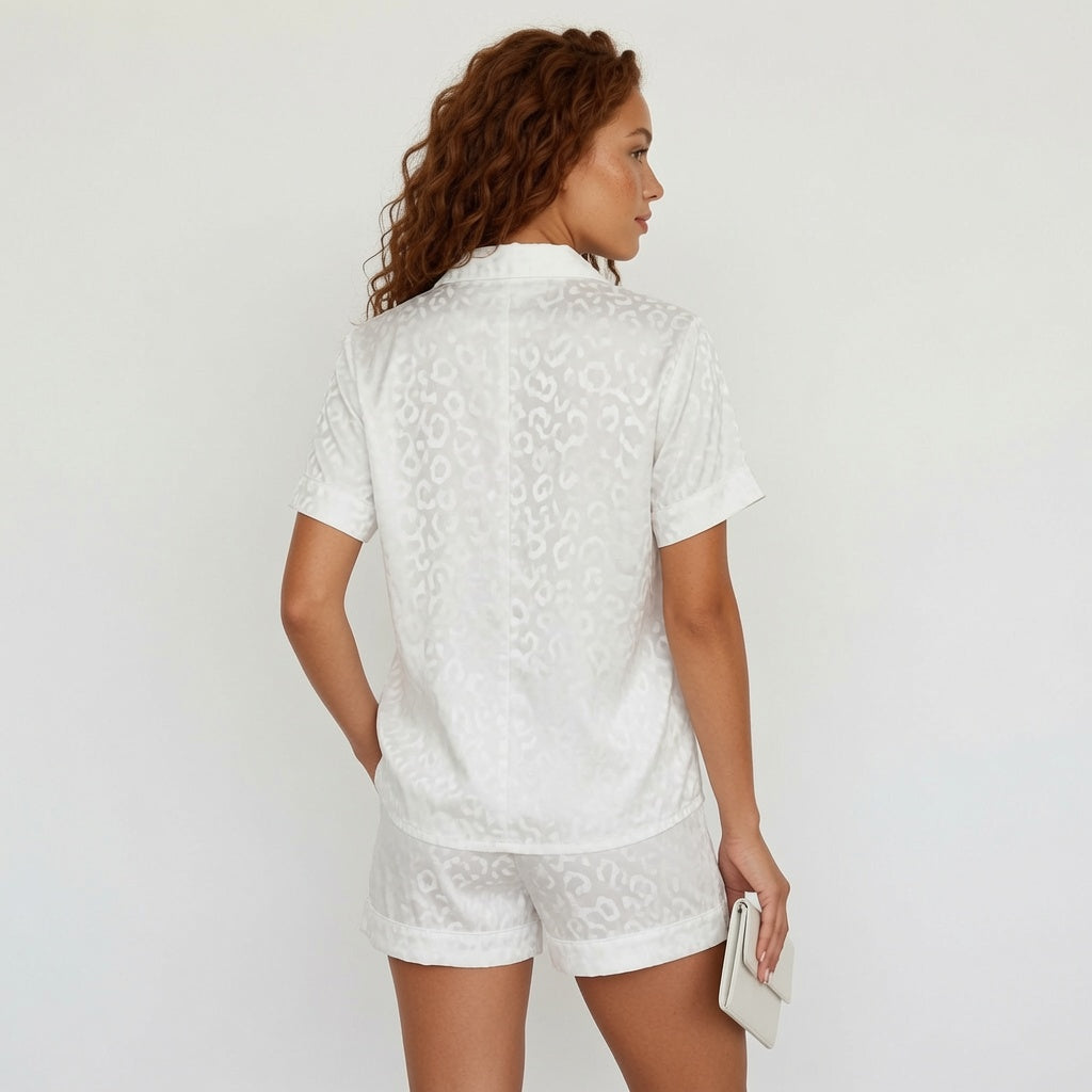 Satin Leopard Pajama Short Set - Tonal Jacquard Button Up Two-Piece Loungewear