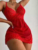 Red Sheer Mesh Lingerie Chemise - Scalloped Lace Trim Low-Back Sleepwear