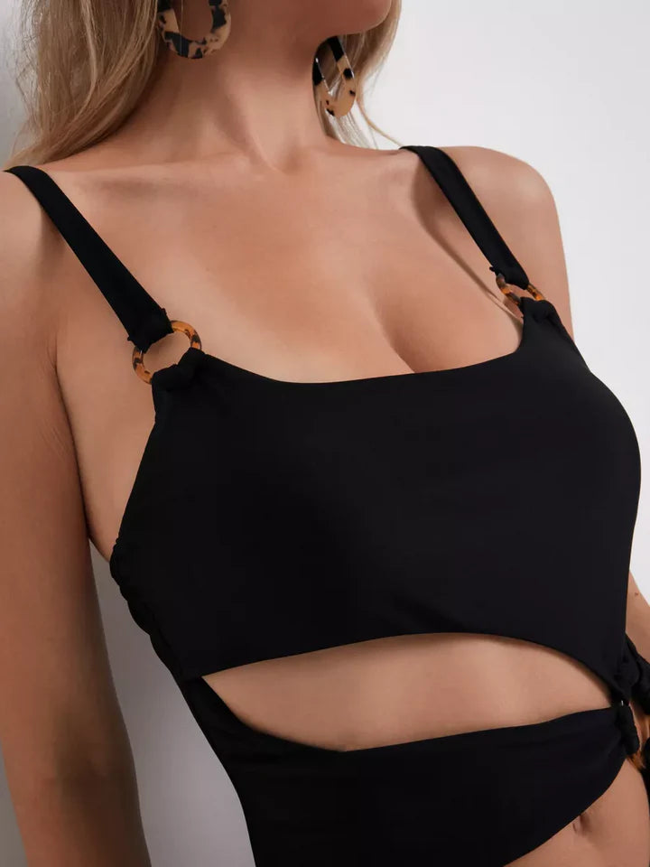 Black Cutout One-Piece Swimsuit - High Leg Tortoiseshell Ring Bathing Suit