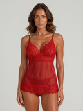 Red Sheer Mesh Lingerie Chemise - Scalloped Lace Trim Low-Back Sleepwear