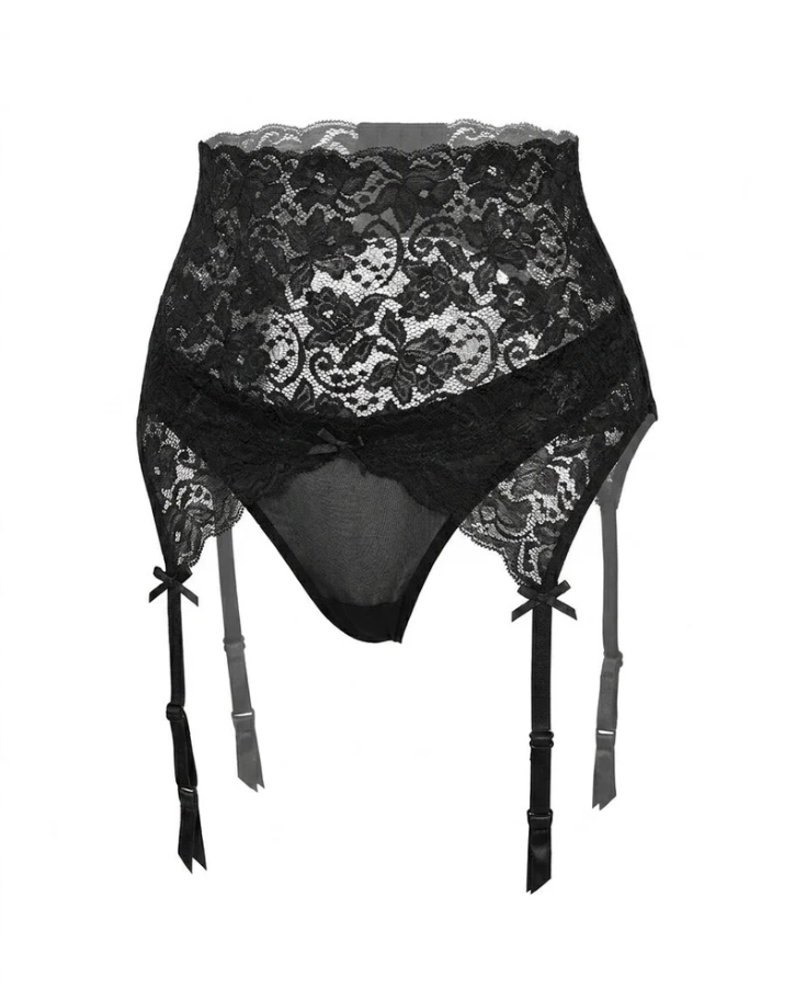 High-Waisted Black Lace Garter Belt - Corset Suspender Strap Holder