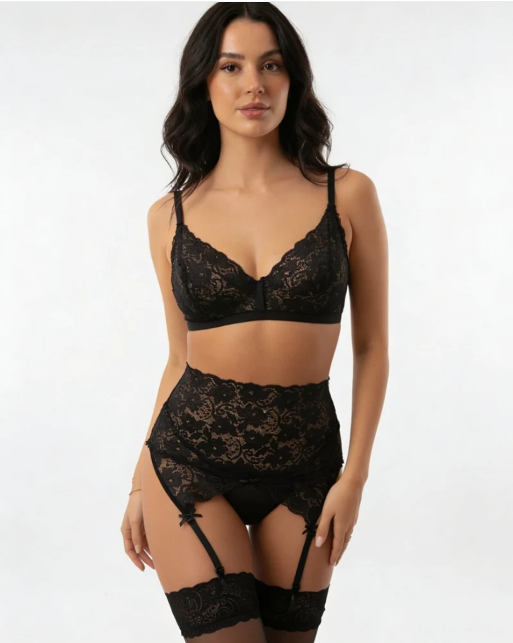 High-Waisted Black Lace Garter Belt - Corset Suspender Strap Holder