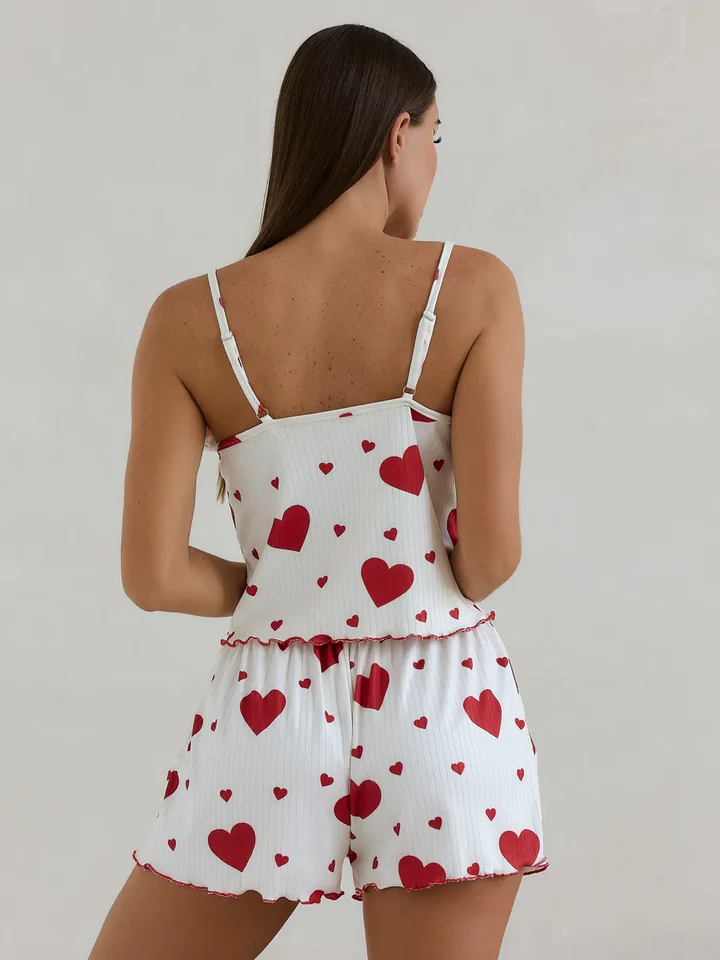 White and Red Heart Print Cami Pajama Set - Ribbed Knit Lounge Shorts Two-Piece Nightwear