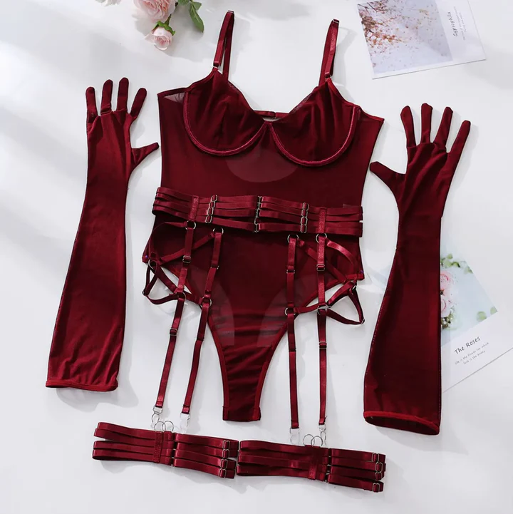 Burgundy Sheer Mesh Garter Bodysuit with Adjustable Garters and Matching Opera Gloves
