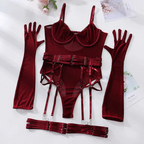 Burgundy Sheer Mesh Garter Bodysuit with Adjustable Garters and Matching Opera Gloves