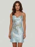 Light Blue Floral Satin Nightgown - Botanical Print Cowl Neck Slip Dress