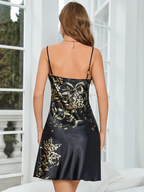 Black Floral Satin Nightgown - Botanical Print Cowl Neck Slip Dress
