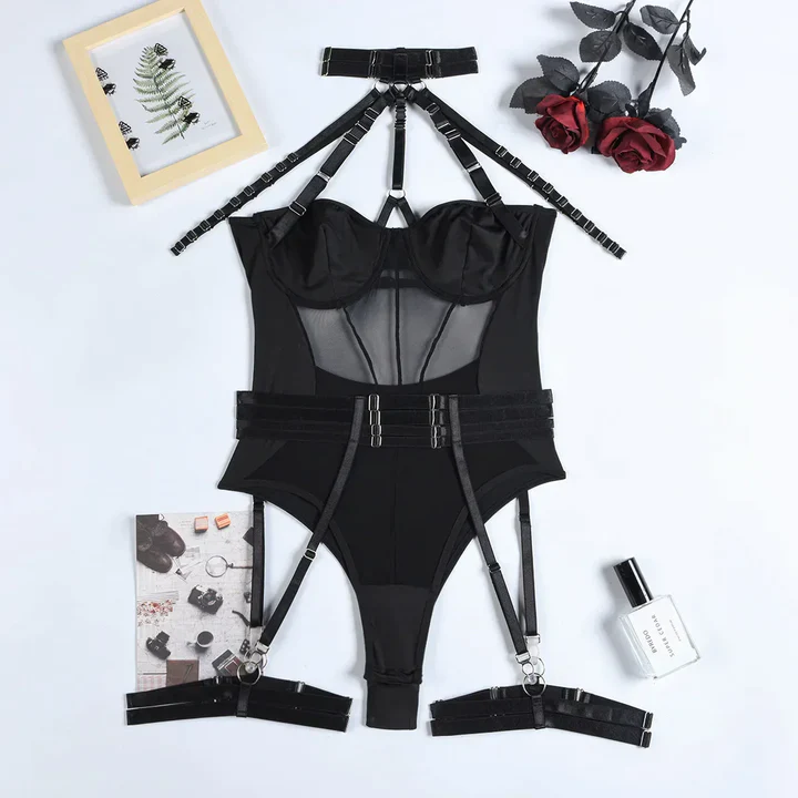 Harness Garter Bodysuit Black Strappy Mesh Cage Choker Teddy with Belt