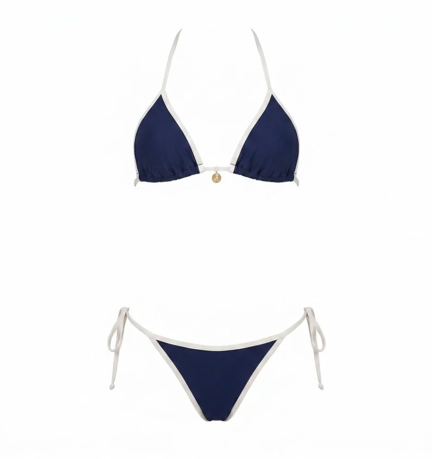 Contrast Trim Triangle Bikini Set - High Leg Tie Side String Swimwear