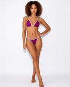 Contrast Trim Triangle Bikini Set - High Leg Tie Side String Swimwear