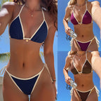 Contrast Trim Triangle Bikini Set - High Leg Tie Side String Swimwear