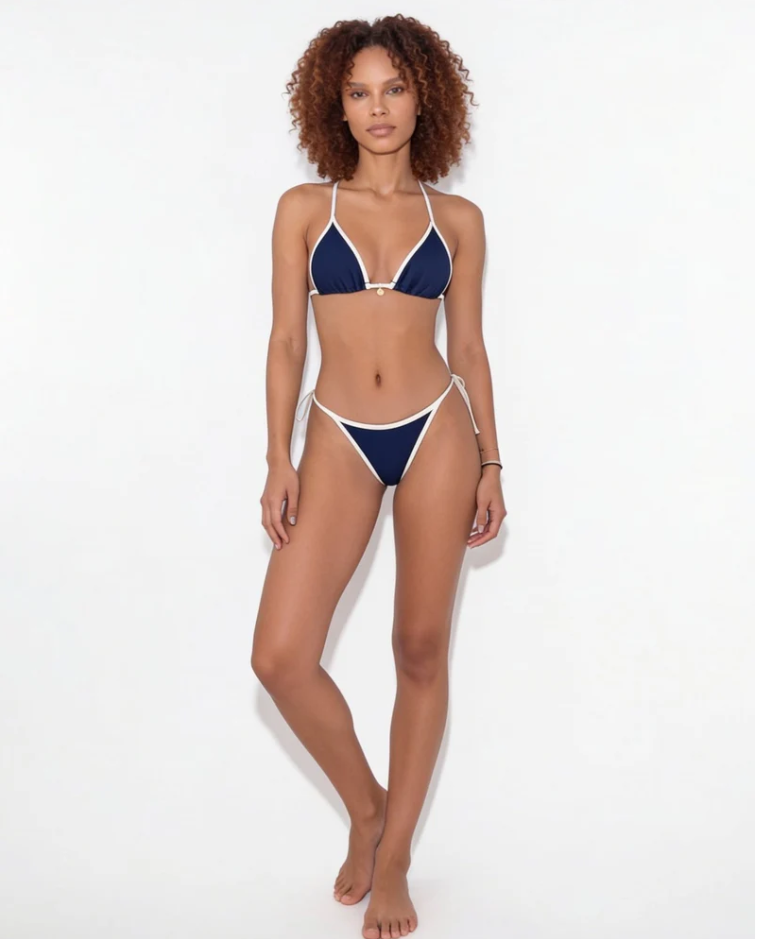 Contrast Trim Triangle Bikini Set - High Leg Tie Side String Swimwear