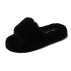 Fluffy Faux Fur Slide Slippers - Women's Open Toe Soft Indoor Loungewear Shoes
