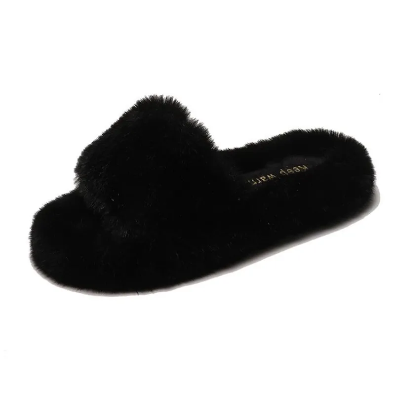 Fluffy Faux Fur Slide Slippers - Women's Open Toe Soft Indoor Loungewear Shoes