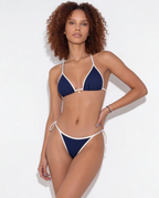 Contrast Trim Triangle Bikini Set - High Leg Tie Side String Swimwear