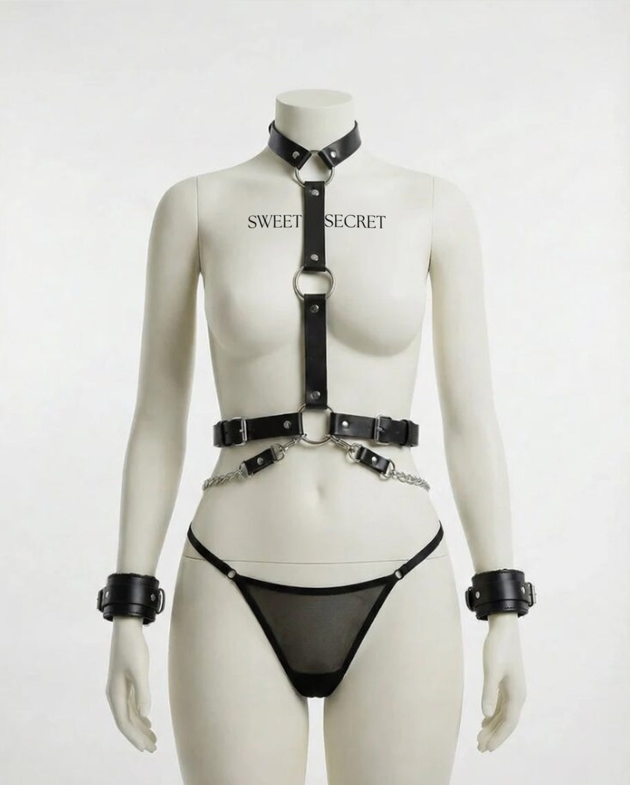 Gothic Leather Full Body Harness - Black Cage Waist Belt and Cuff Set