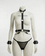 Gothic Leather Full Body Harness - Black Cage Waist Belt and Cuff Set