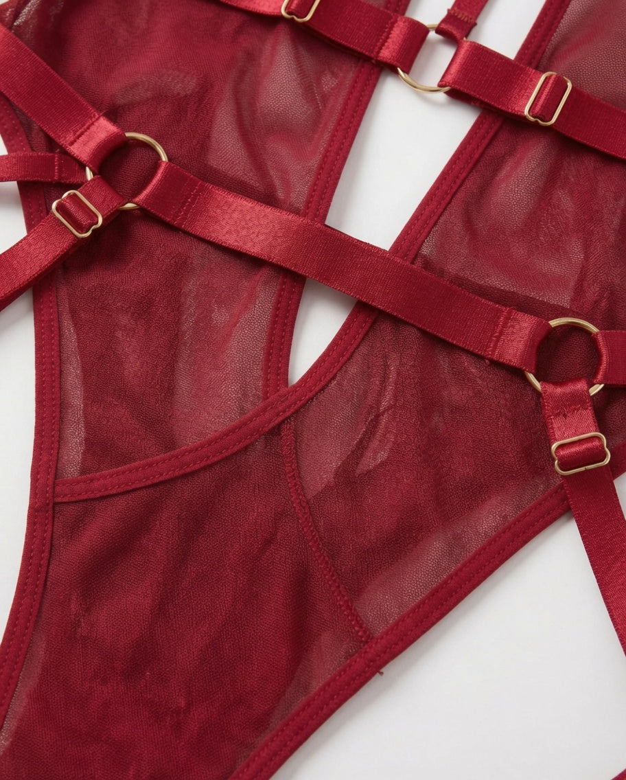 Red Harness Garter Bodysuit Strappy Mesh Halter Choker Teddy with Adjustable Straps