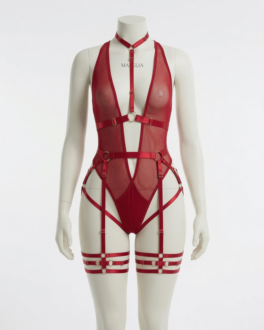 Red Harness Garter Bodysuit Strappy Mesh Halter Choker Teddy with Adjustable Straps