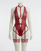 Red Harness Garter Bodysuit Strappy Mesh Halter Choker Teddy with Adjustable Straps