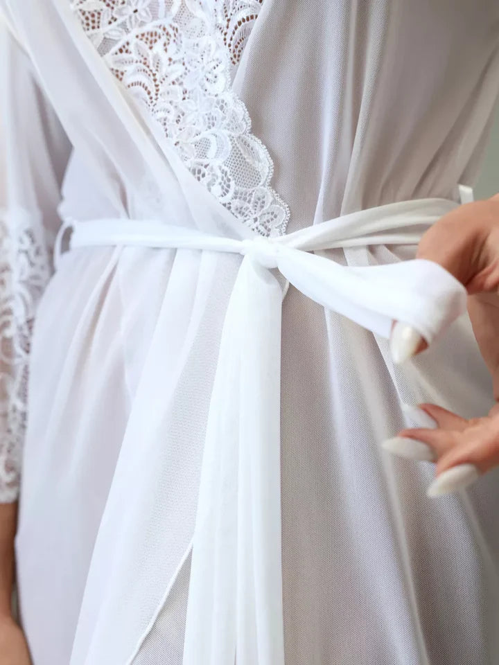 White Lace Kimono Robe - Sheer Mesh Nightwear Cover Up with Waist Tie