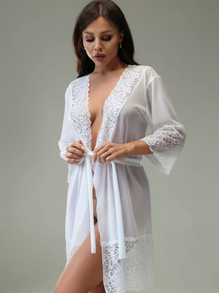 White Lace Kimono Robe - Sheer Mesh Nightwear Cover Up with Waist Tie