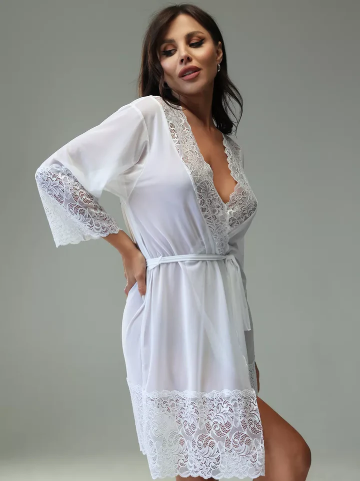 White Lace Kimono Robe - Sheer Mesh Nightwear Cover Up with Waist Tie