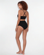Black Textured High-Waisted Bikini - Gold Hardware Plunge Two-Piece Swimsuit