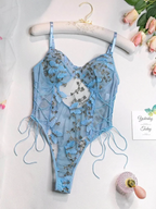 Butterfly Mesh Bodysuit Embroidered Floral Lace Up Teddy Sheer Adjustable Ties