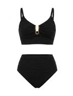 Black Textured High-Waisted Bikini - Gold Hardware Plunge Two-Piece Swimsuit