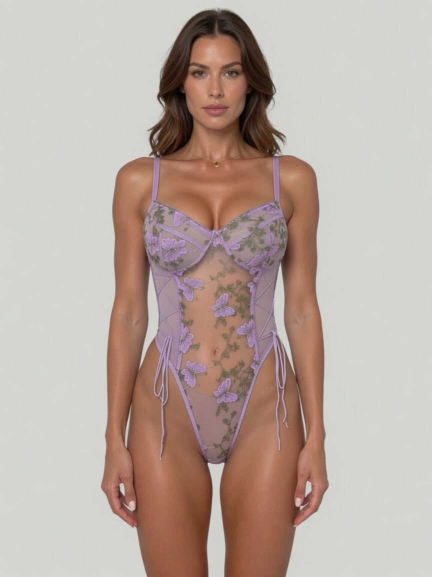 Butterfly Mesh Bodysuit Embroidered Floral Lace Up Teddy Sheer Adjustable Ties