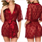 Black Sheer Lace Kimono Robe - Satin Trim Nightwear Boudoir Cover Up