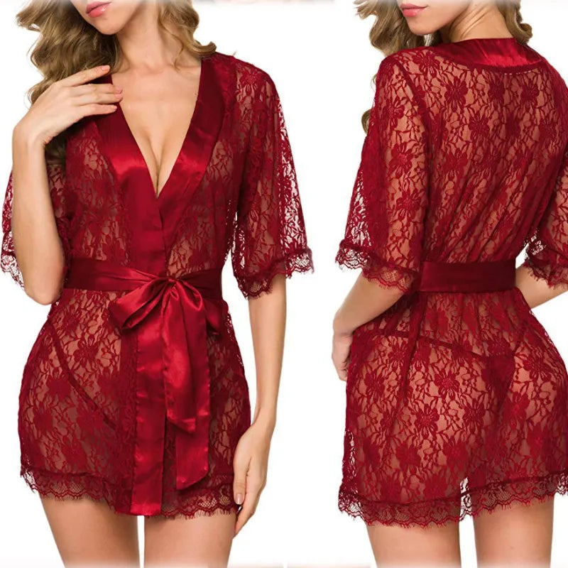 Black Sheer Lace Kimono Robe - Satin Trim Nightwear Boudoir Cover Up