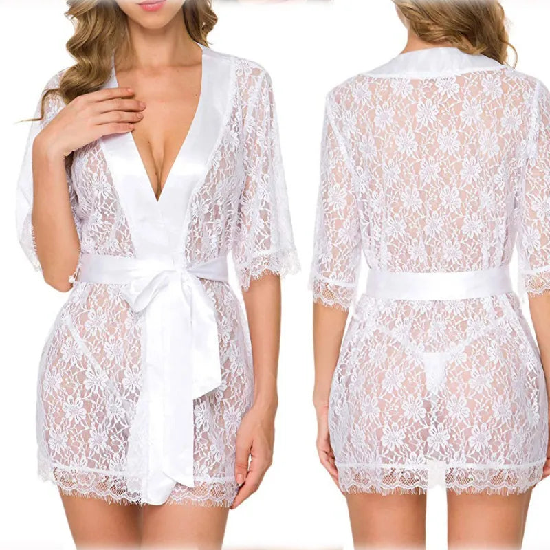 Black Sheer Lace Kimono Robe - Satin Trim Nightwear Boudoir Cover Up