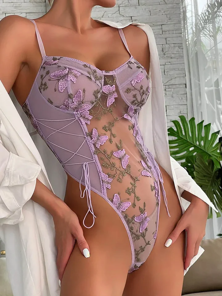 Butterfly Mesh Bodysuit Embroidered Floral Lace Up Teddy Sheer Adjustable Ties