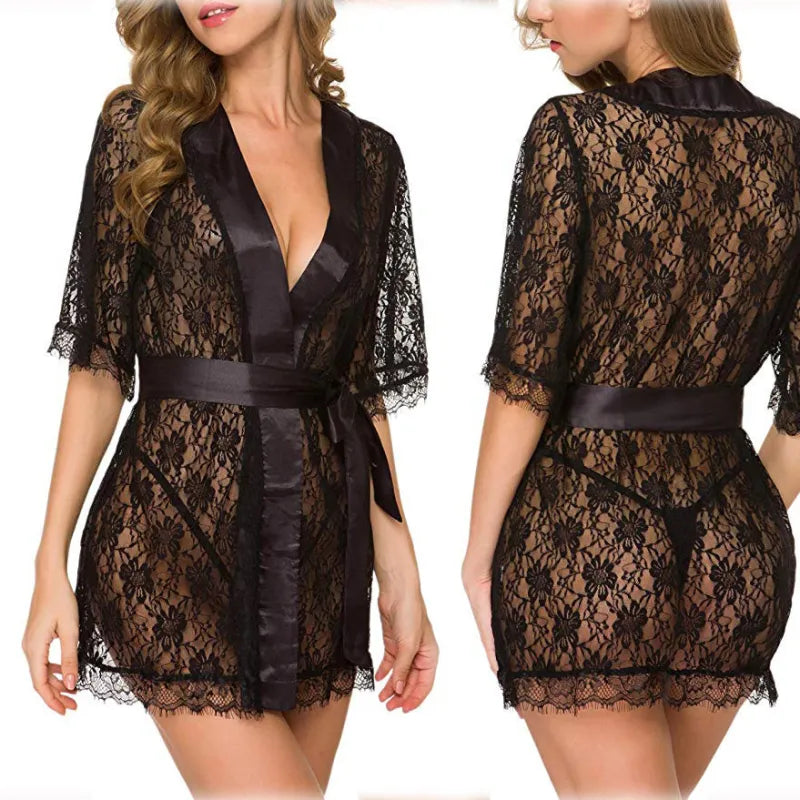 Black Sheer Lace Kimono Robe - Satin Trim Nightwear Boudoir Cover Up