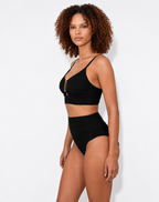 Black Textured High-Waisted Bikini - Gold Hardware Plunge Two-Piece Swimsuit