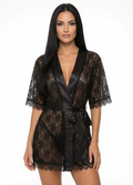 Black Sheer Lace Kimono Robe - Satin Trim Nightwear Boudoir Cover Up