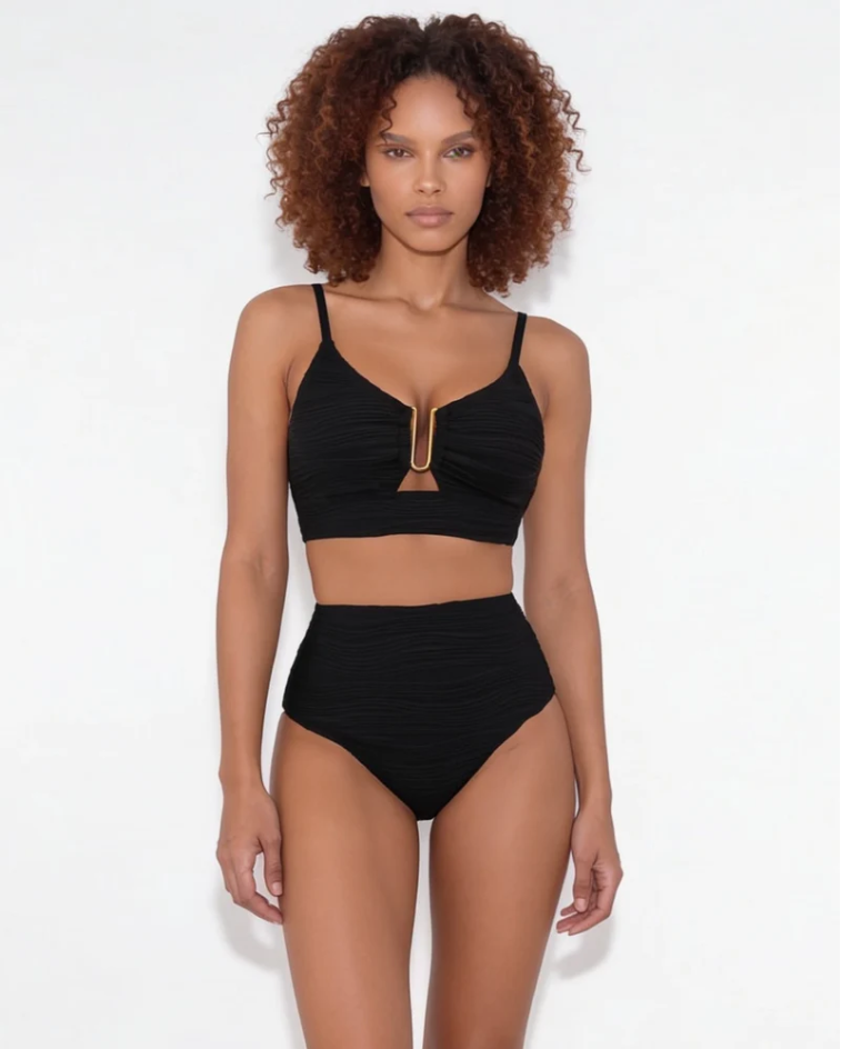 Black Textured High-Waisted Bikini - Gold Hardware Plunge Two-Piece Swimsuit