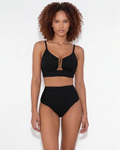 Black Textured High-Waisted Bikini - Gold Hardware Plunge Two-Piece Swimsuit
