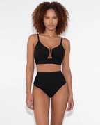 Black Textured High-Waisted Bikini - Gold Hardware Plunge Two-Piece Swimsuit