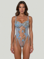 Butterfly Mesh Bodysuit Embroidered Floral Lace Up Teddy Sheer Adjustable Ties