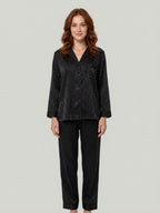 Satin Leopard Pajama Trouser Set - Tonal Jacquard Button Up Long Sleeve Loungewear