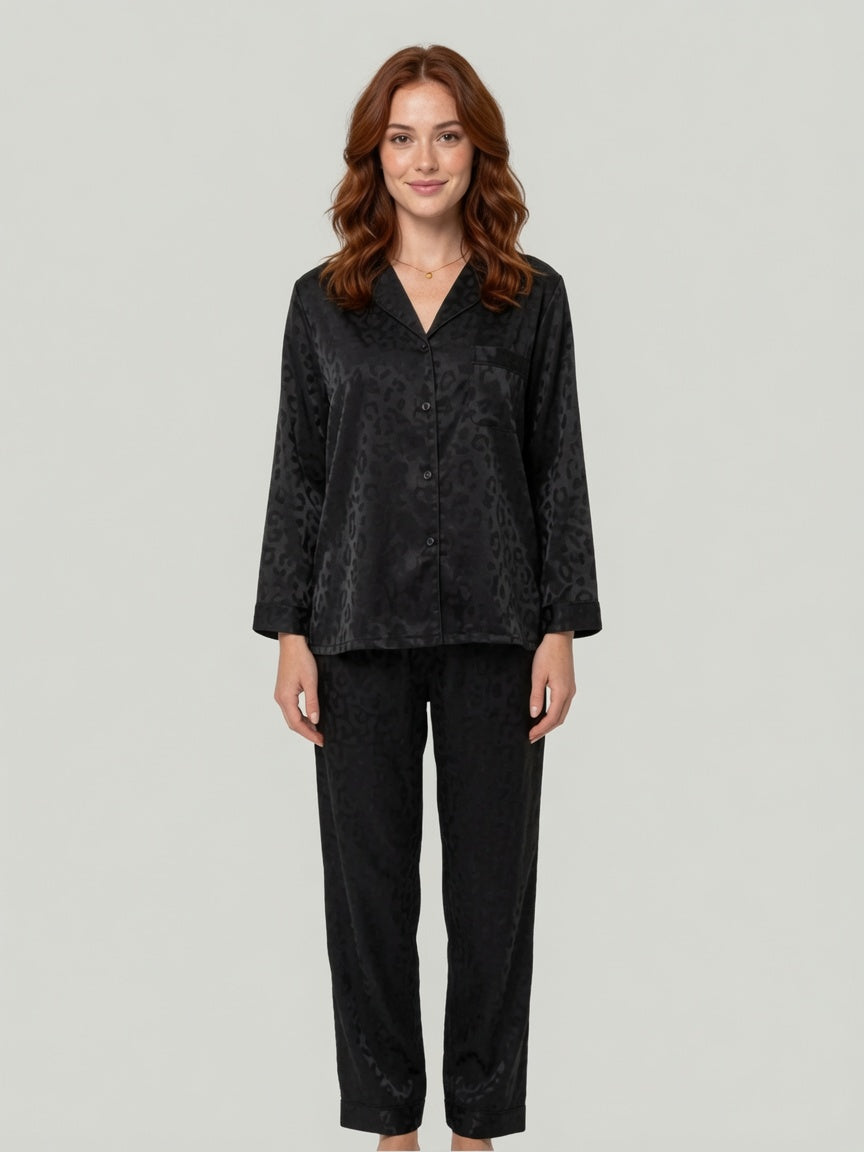 Satin Leopard Pajama Trouser Set - Tonal Jacquard Button Up Long Sleeve Loungewear