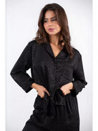 Satin Leopard Pajama Trouser Set - Tonal Jacquard Button Up Long Sleeve Loungewear