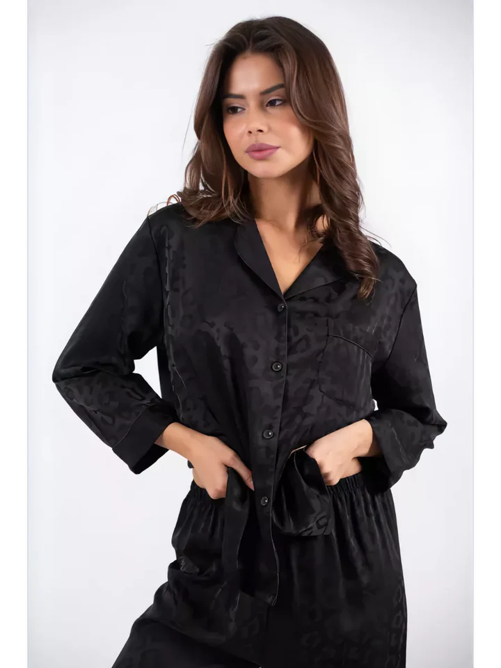 Satin Leopard Pajama Trouser Set - Tonal Jacquard Button Up Long Sleeve Loungewear