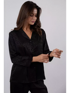 Satin Leopard Pajama Trouser Set - Tonal Jacquard Button Up Long Sleeve Loungewear