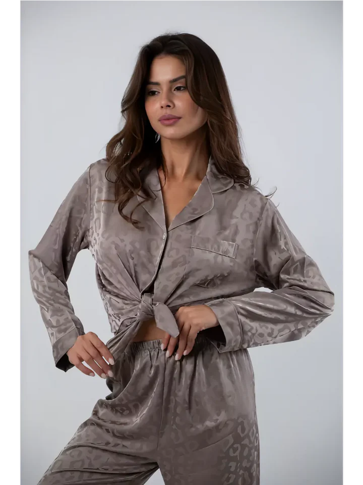 Satin Leopard Pajama Trouser Set - Tonal Jacquard Button Up Long Sleeve Loungewear