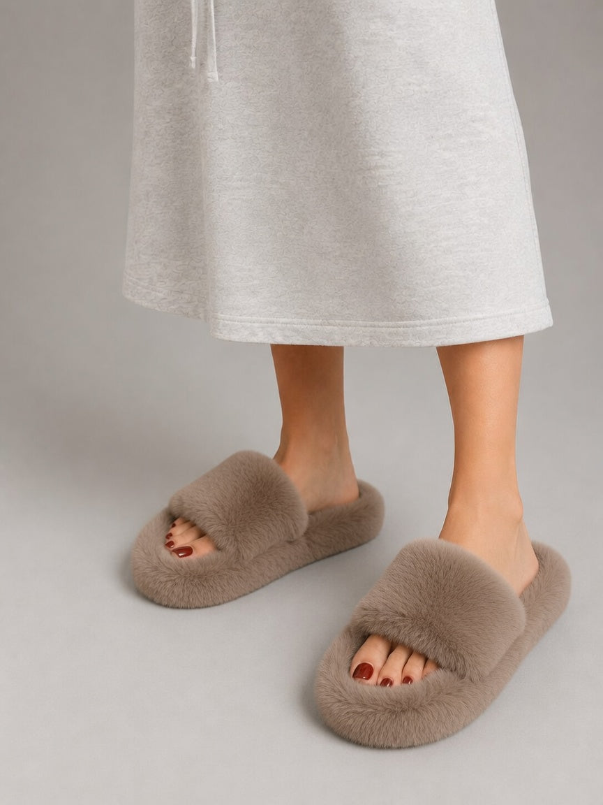 Fluffy Faux Fur Slide Slippers - Women's Open Toe Soft Indoor Loungewear Shoes
