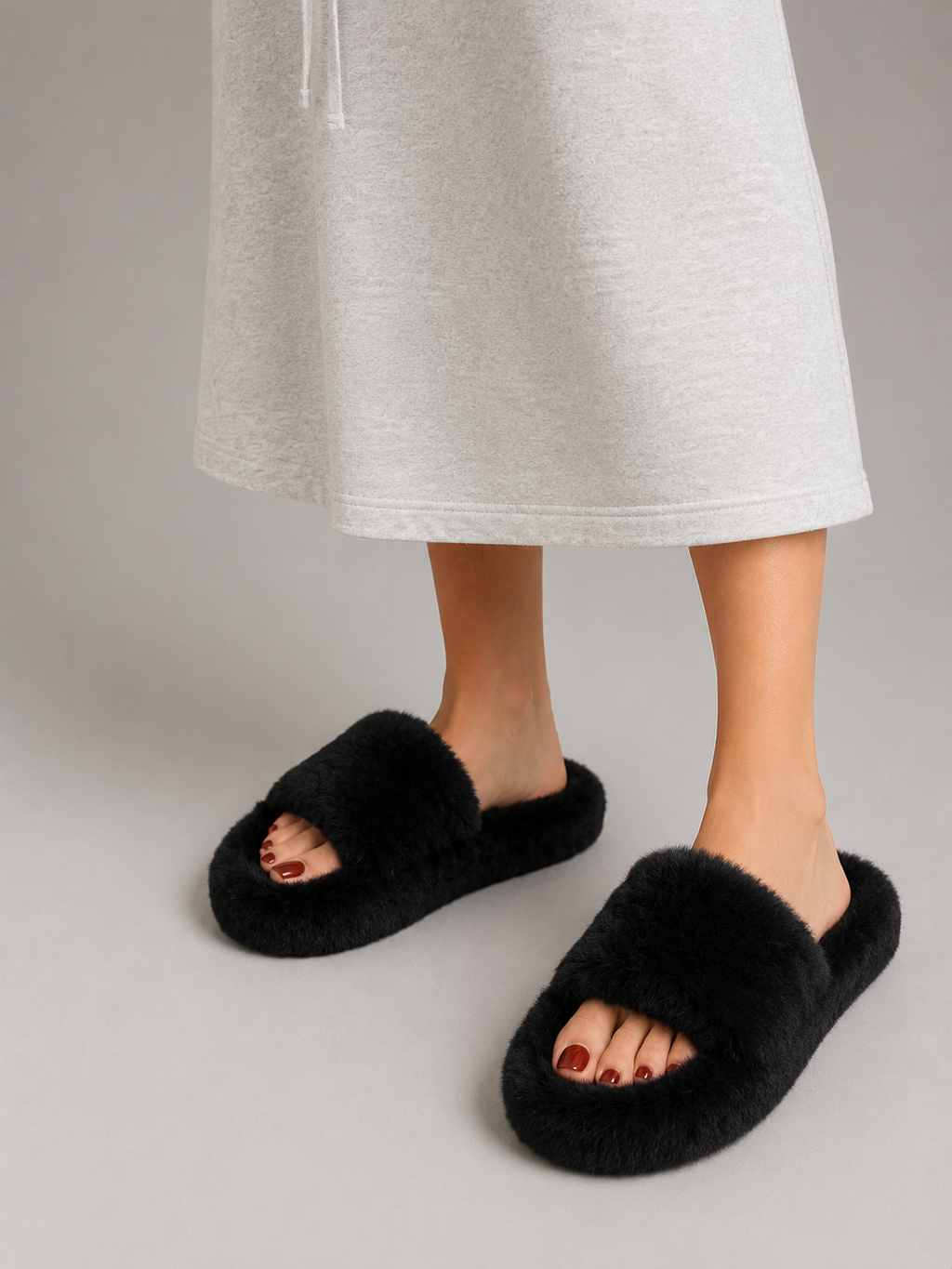 Fluffy Faux Fur Slide Slippers - Women's Open Toe Soft Indoor Loungewear Shoes